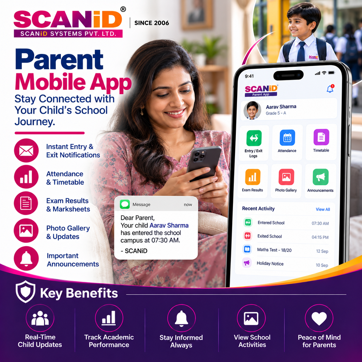 SCANiD parent mobile app with student entry and exit alerts